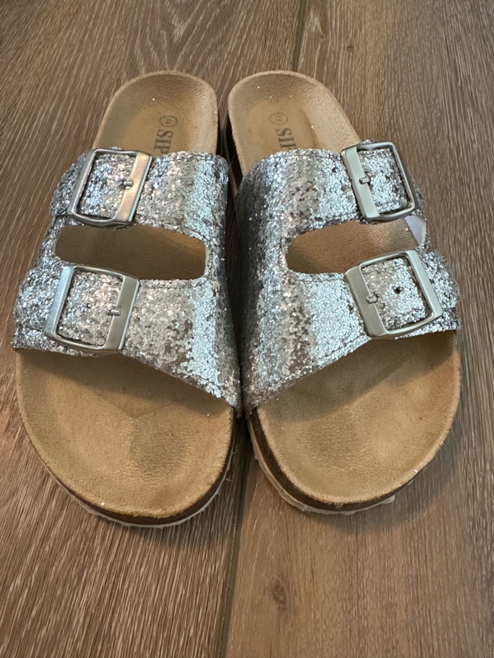 Kids Silver Glitter Double-Buckle Slide Sandals